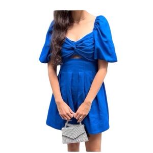 Revolve House of Harlow Womens Linen Mini Dress Size 0 Puff Sleeve Cutout Pleat